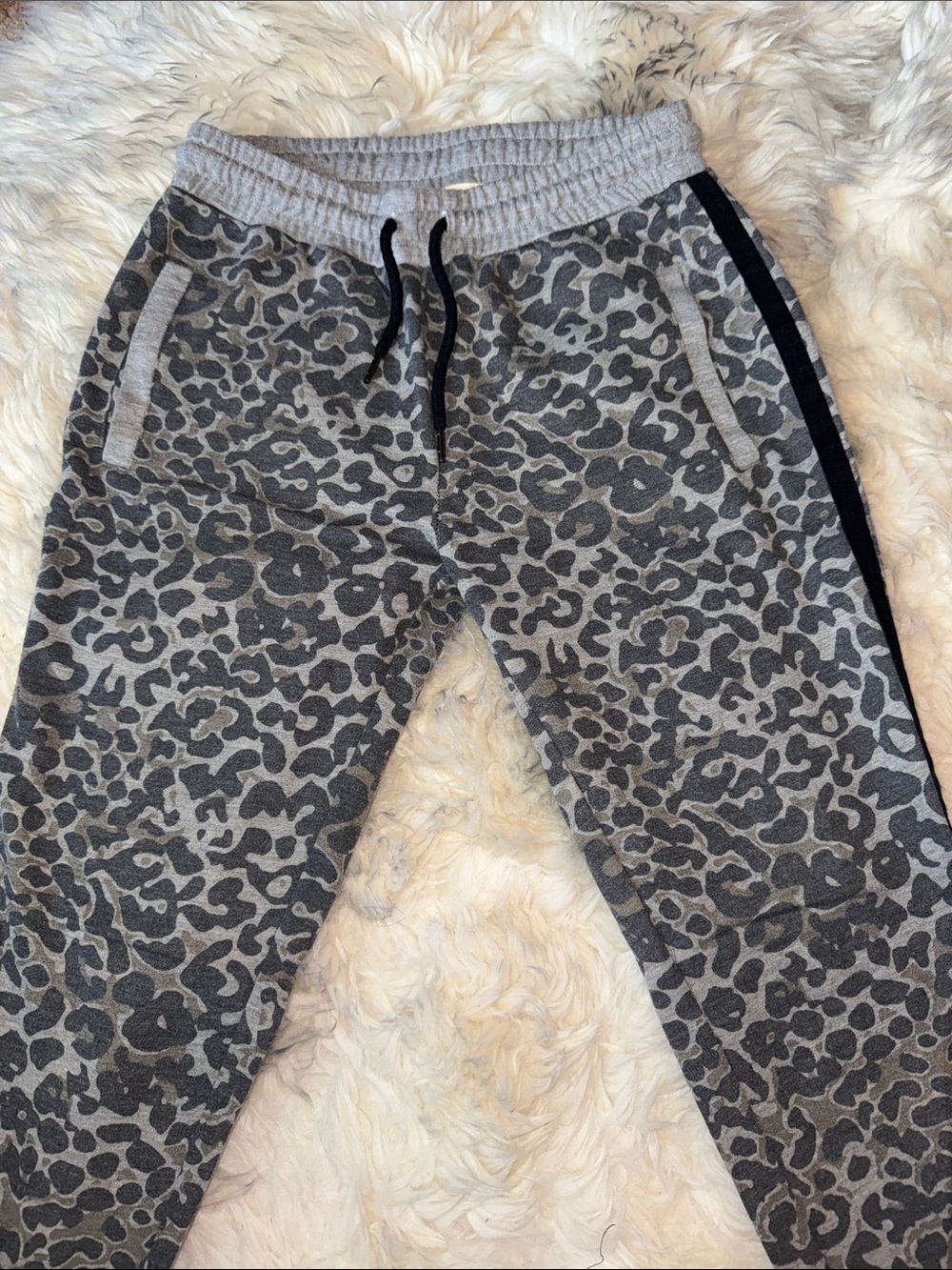 enough about me... Gray Leopard Print Joggers with Black Side Stripe